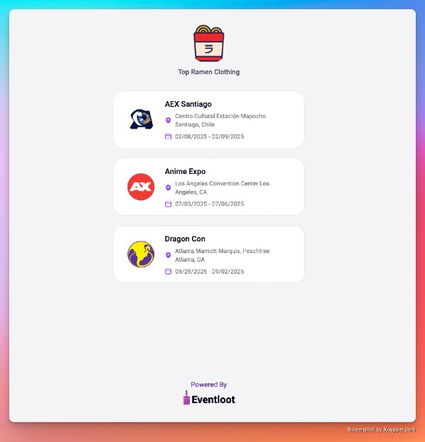 Eventloot screenshot of brand event page